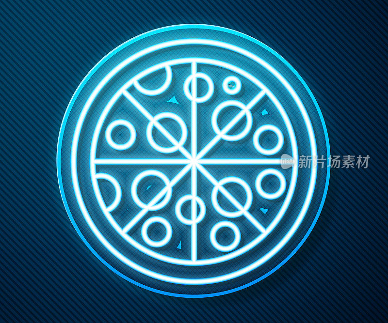 Glowing neon line Pizza icon isolated on blue background. Fast food menu. Vector